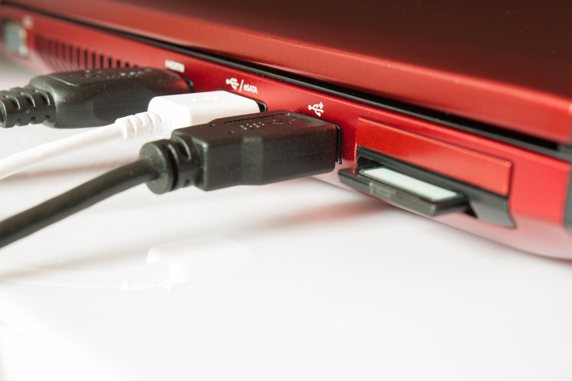 Zbliżenie kabli USB podłączonych do laptopa na białym tle