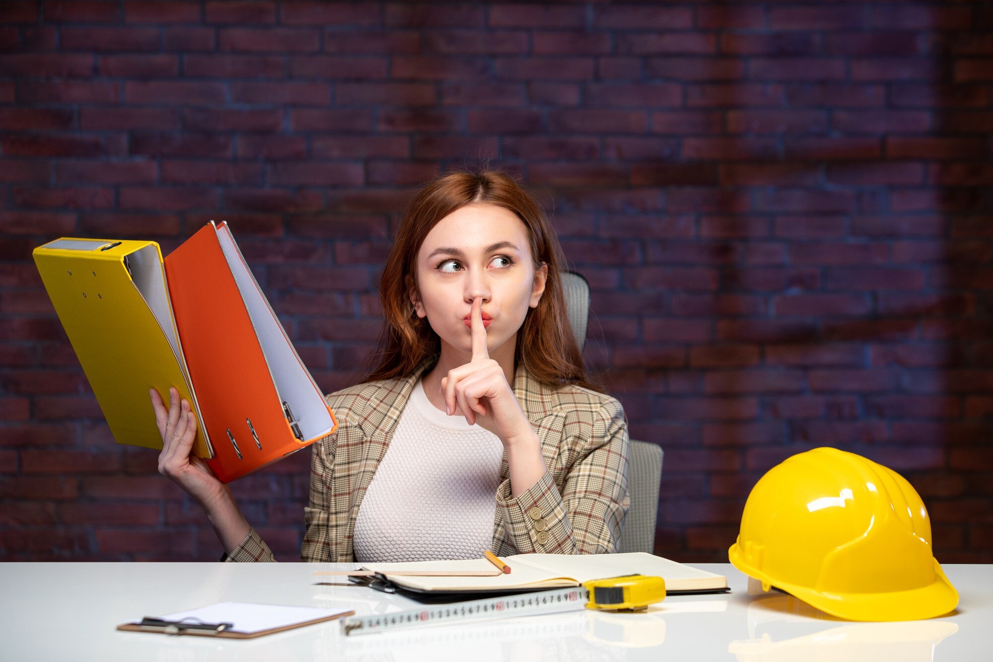 widok z przodu inżynierka siedząca za swoim miejscem pracy z dokumentami program budowniczy pracy sukces biznesowy plan nieruchomości wykonawca