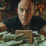 Mężczyzna z łysą głową patrzący na stos pieniędzy.