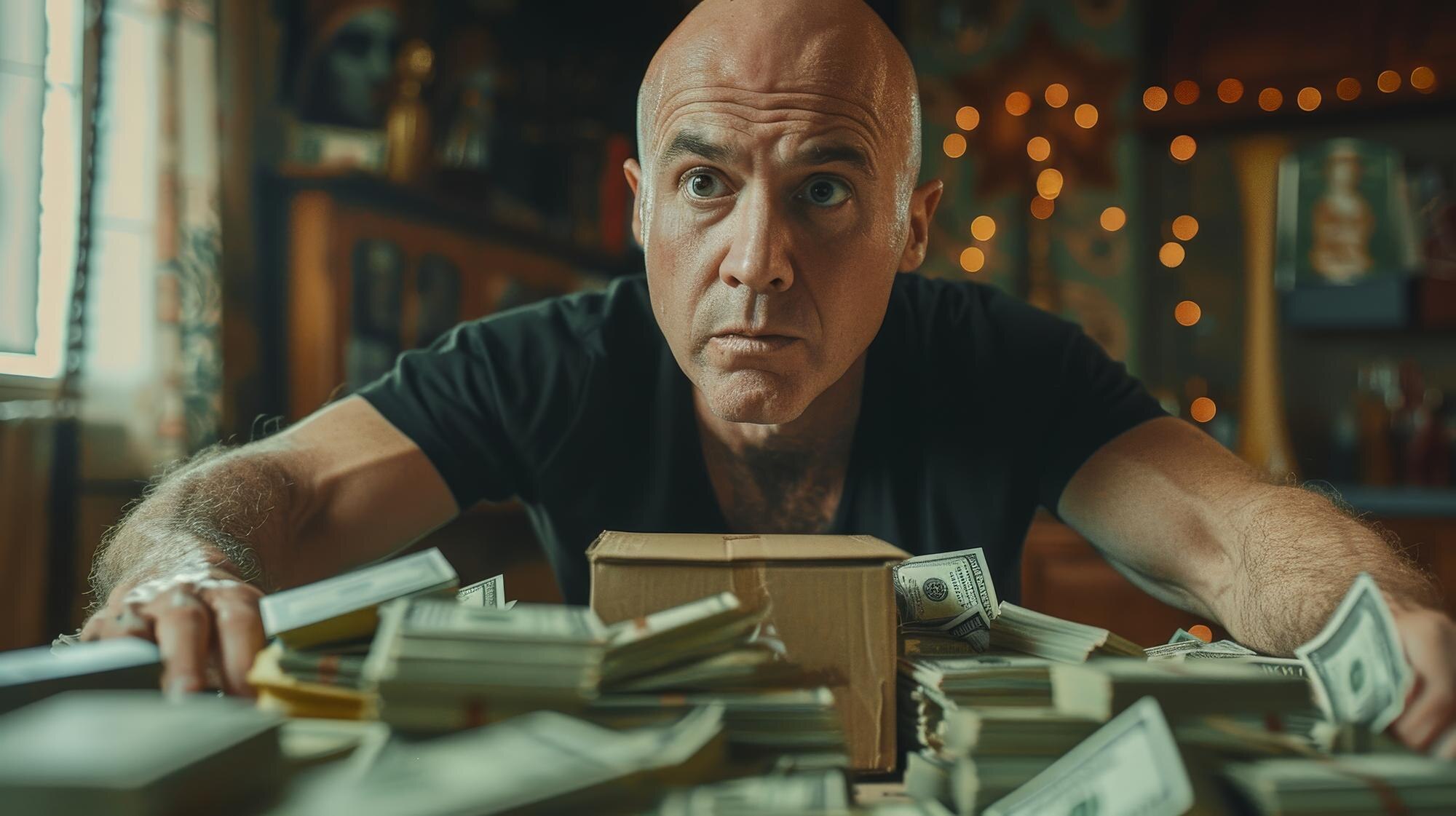 Mężczyzna z łysą głową patrzący na stos pieniędzy.