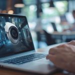 Mężczyzna pracujący na laptopie z kamerą bezpieczeństwa na ekranie