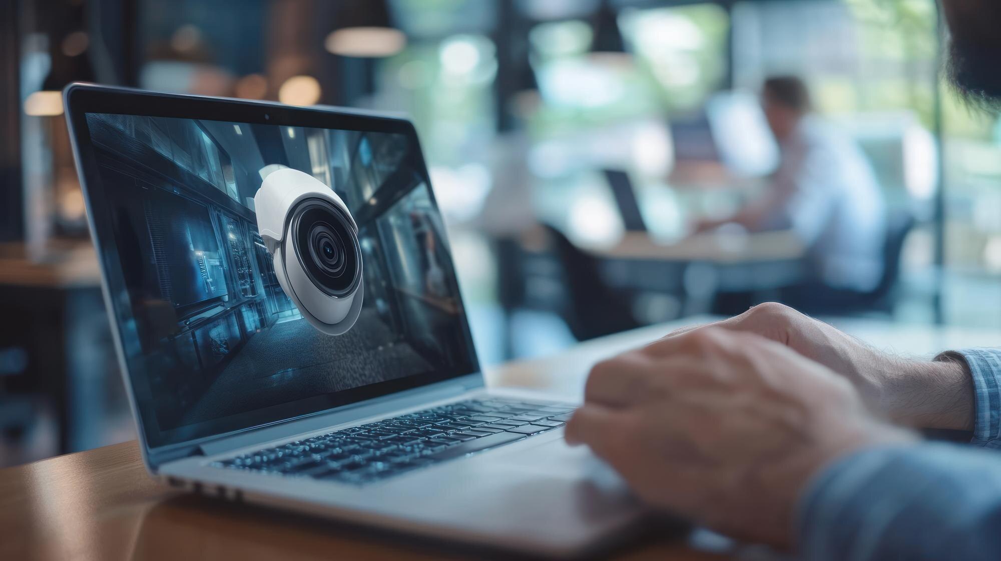 Mężczyzna pracujący na laptopie z kamerą bezpieczeństwa na ekranie