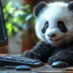 a panda bear is sitting next to a computer and a keyboard