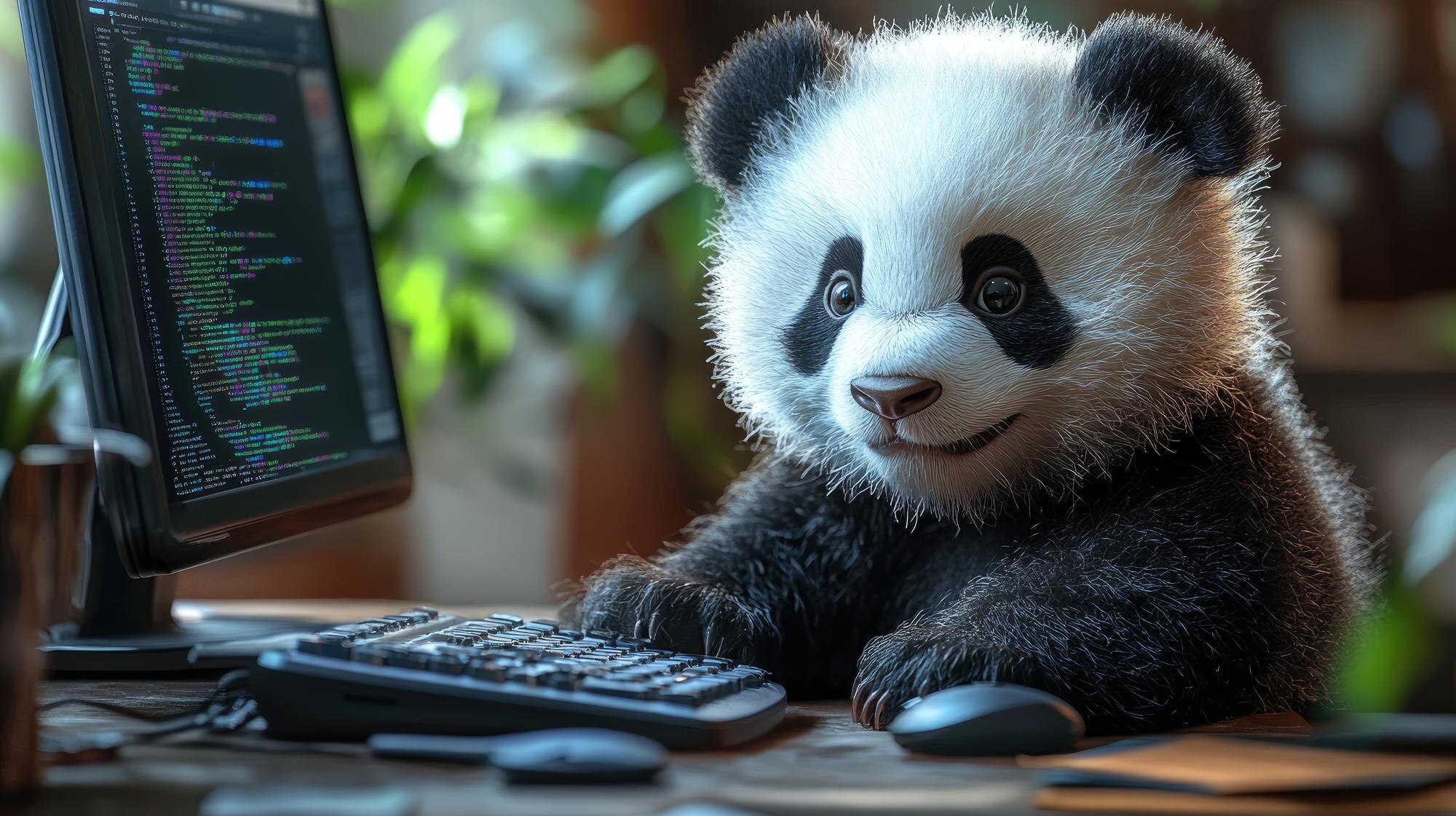 a panda bear is sitting next to a computer and a keyboard