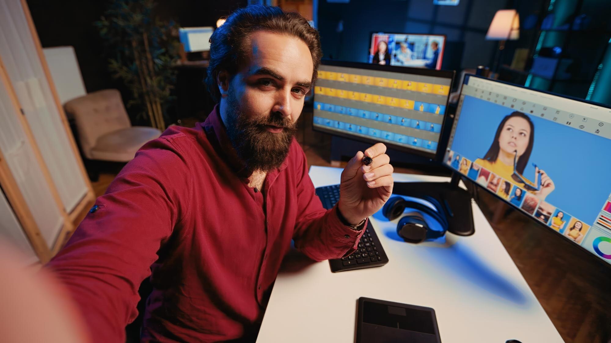 Redaktor zdjęć używający kamery selfie telefonu komórkowego do kręcenia instrukcji jak polerować obrazy