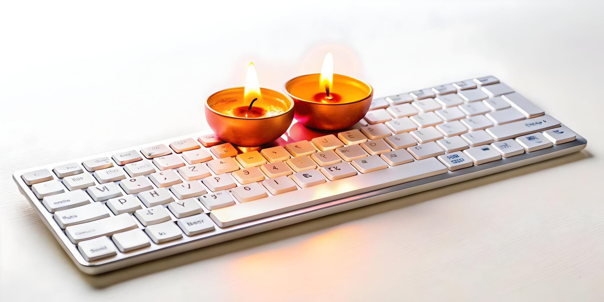 Płaska ilustracja wektorowa klawiatury komputerowej z holograficznymi świecami Bhai Dooj tworzącymi