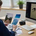 Fotograf bada zdjęcia w swoim miejscu pracy