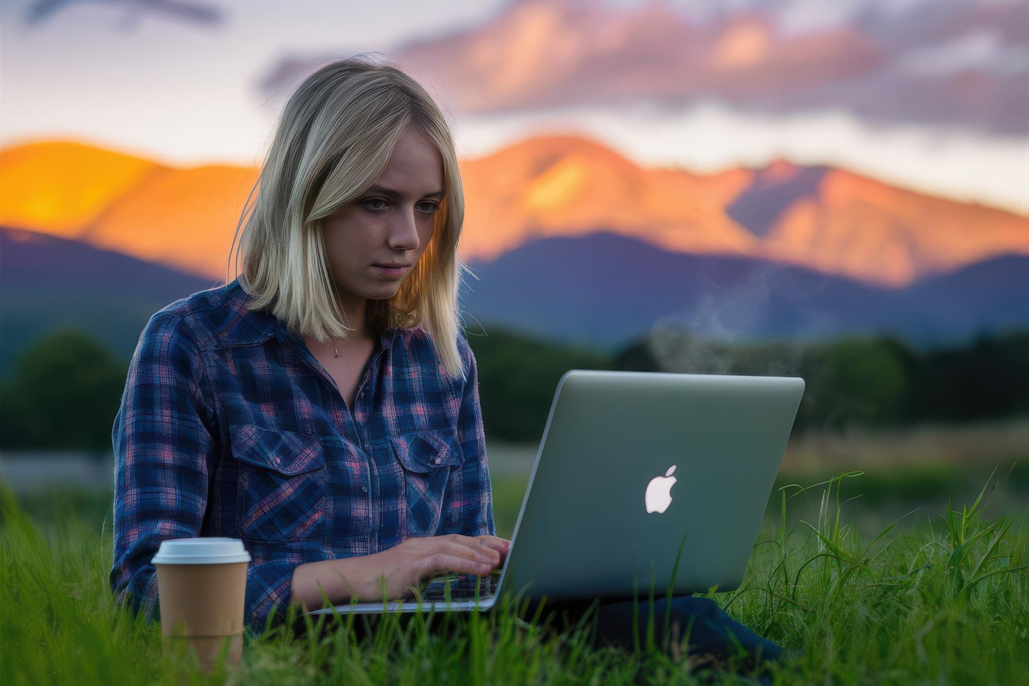 Podekscytowana kobieta używająca laptopa, siedząc na trawie na górze z kawą