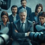 Grupa ludzi skoncentrowana na poważnej dyskusji w środowisku medialnym z wieloma kamerami