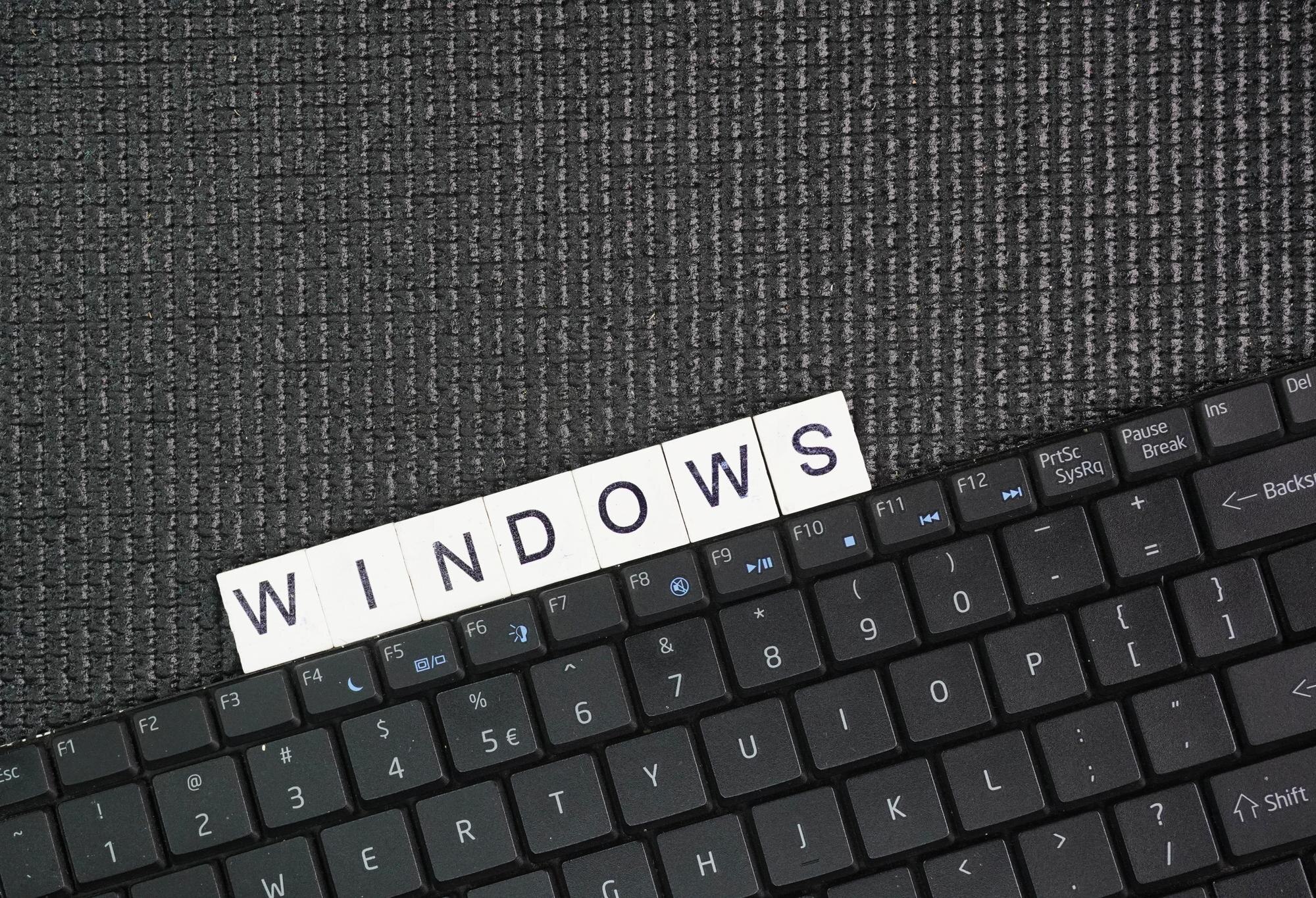 Laptop keyboard with the word Windows a specific type of operating system developed by Microsoft