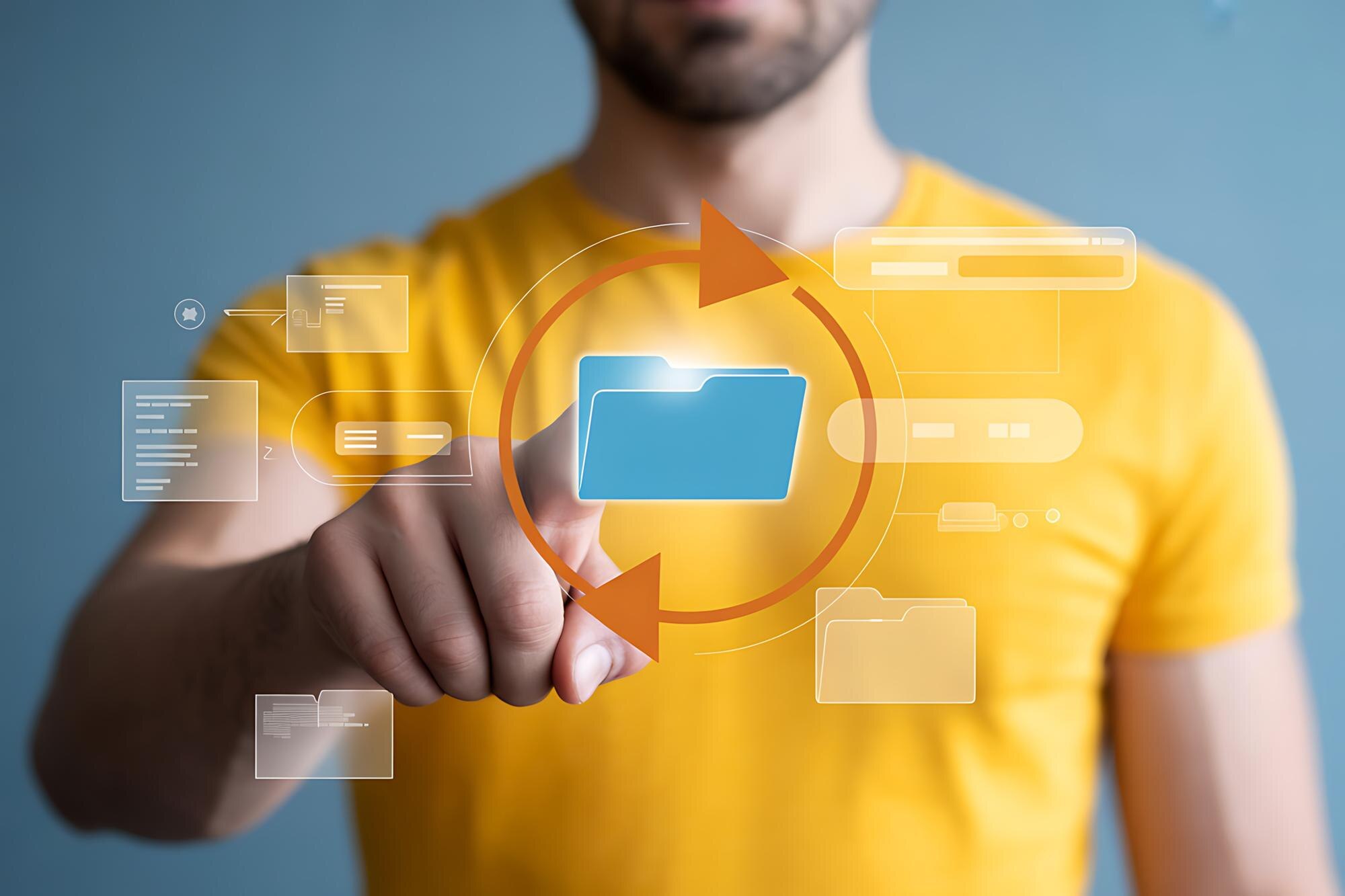 User Interacting with Digital File Management and Synchronization Interface