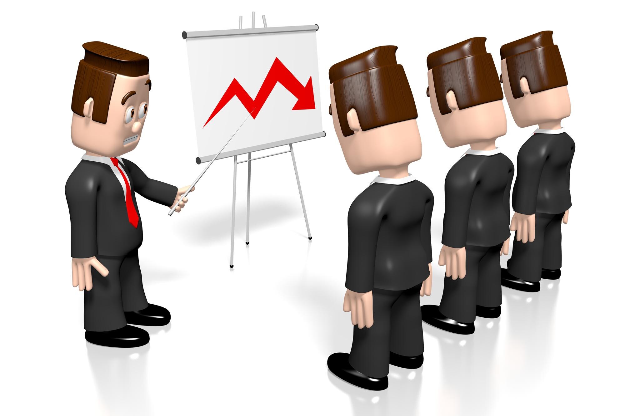 Biznesmeni z kreskówek i wykres kryzysowy ilustracja 3D